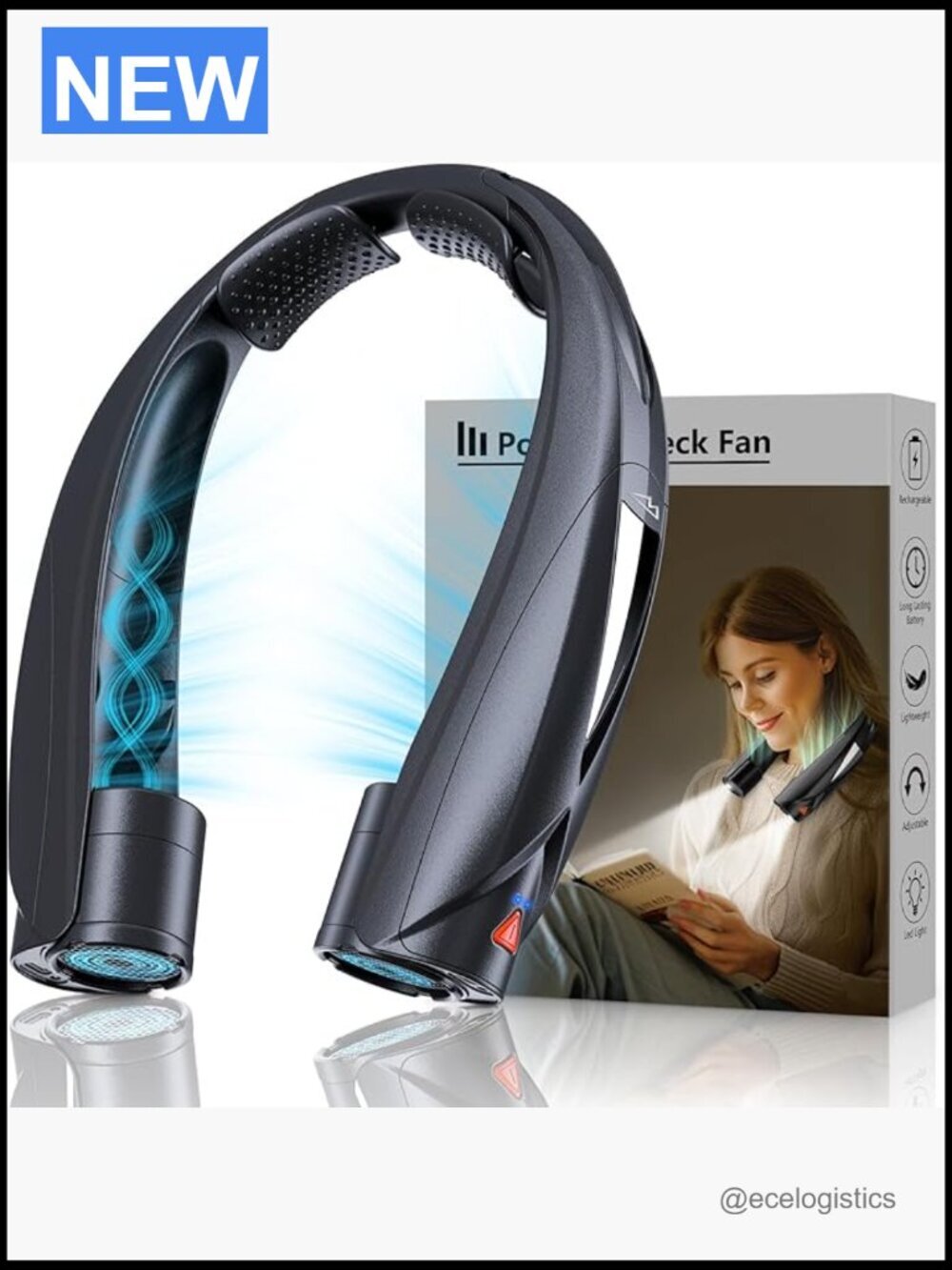 Portable Rechargeable Neck Fan with LED Light, 6 Speeds, 6-20hr Battery,